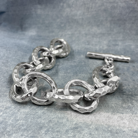 Saha - Oval Hammered Link Silver Bracelet