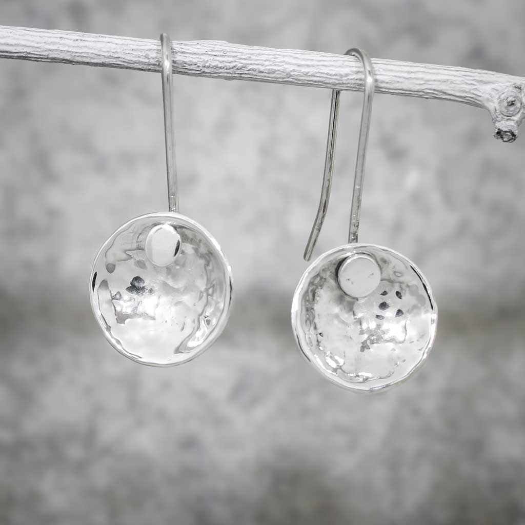 Saha Dapped Hammered Disc Silver Dangle Earrings on Long Earwire