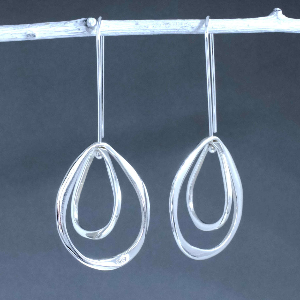 Saha Asymmetric Double Spinning Organic Oval Droplet Silver Dangle Earrings