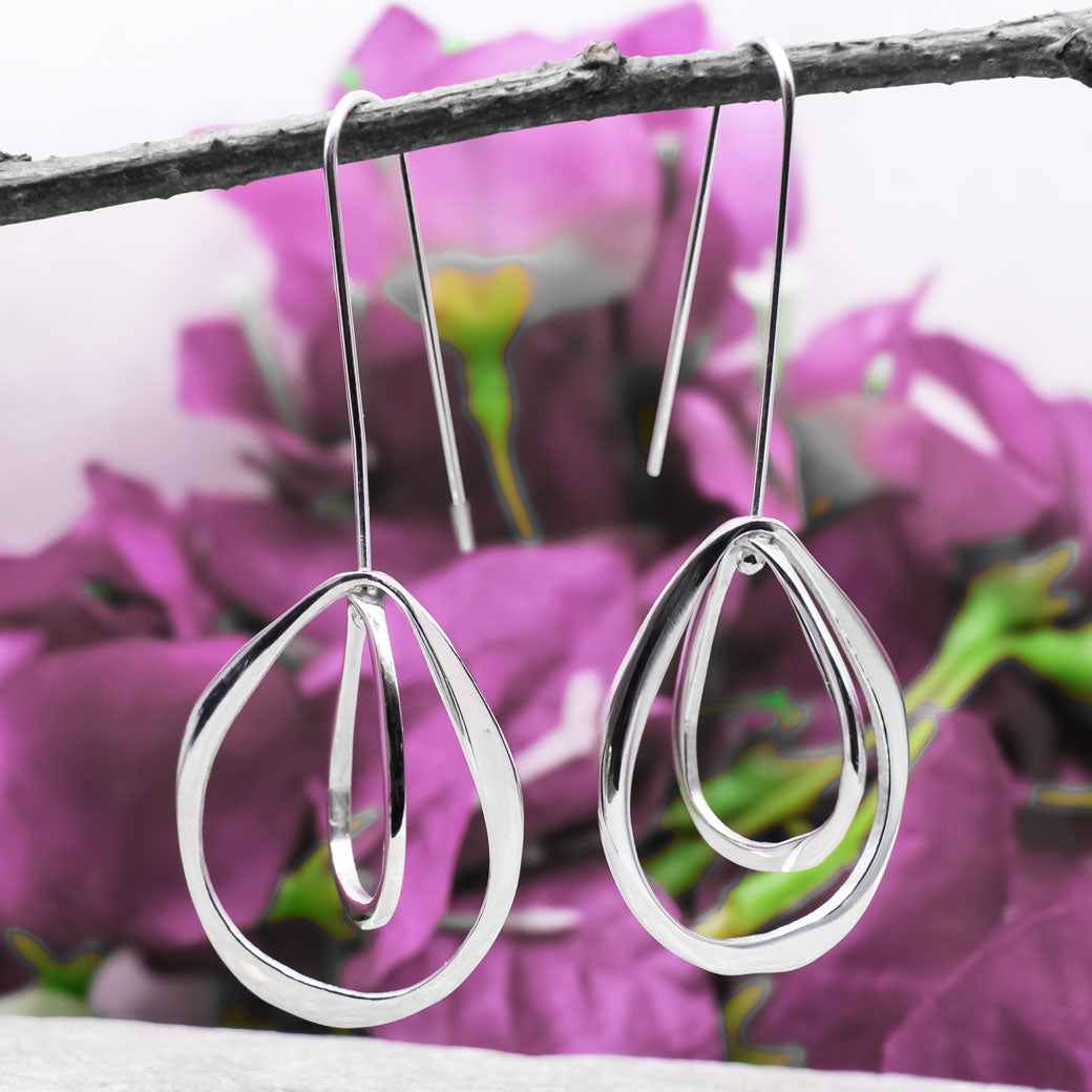 Saha Asymmetric Double Spinning Organic Oval Droplet Silver Dangle Earrings