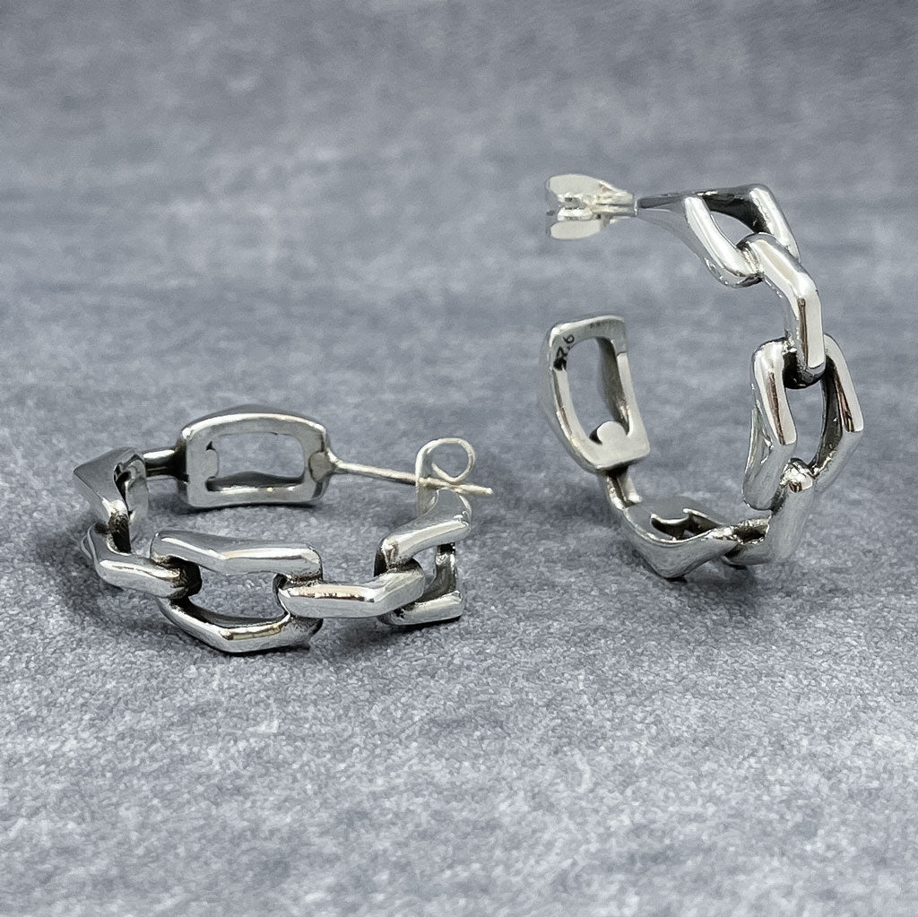 Saha Large Bridge Chain Silver Hoop Earrings
