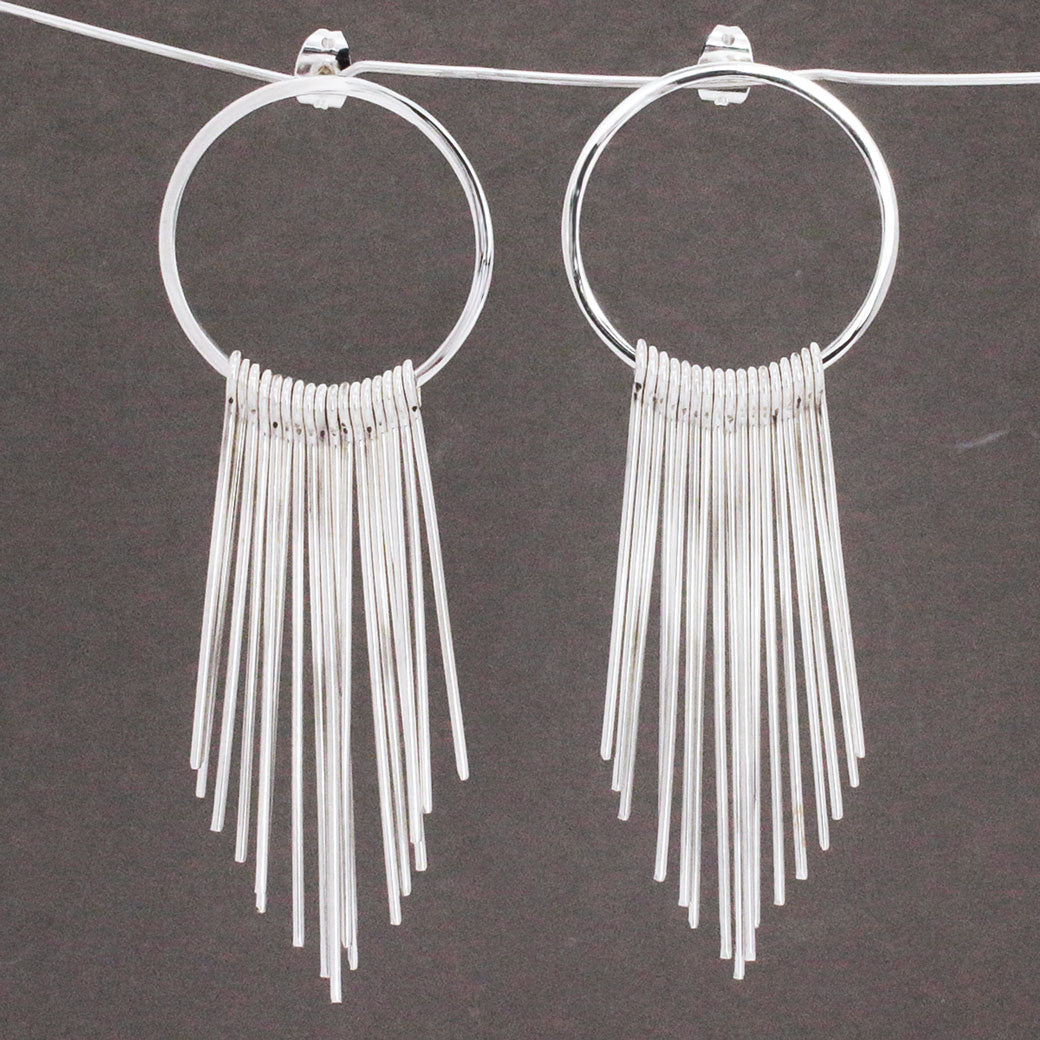 Saha RADA Cascade Long Hoop Silver Stud Earrings