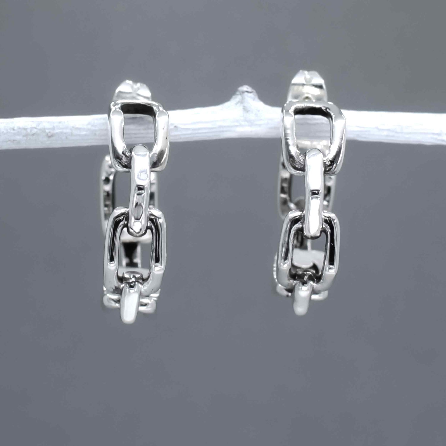 Saha Large Bridge Chain Silver Hoop Earrings