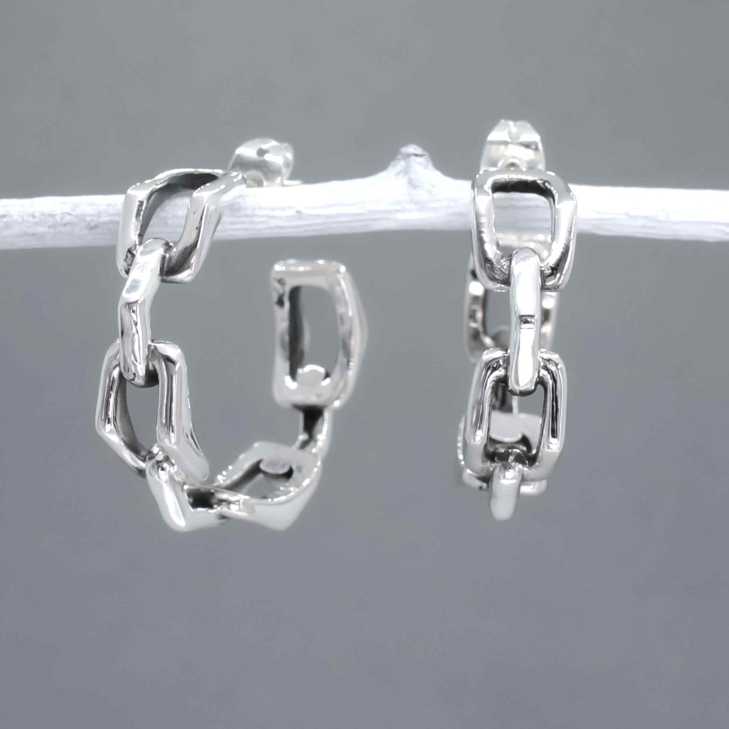 Saha Large Bridge Chain Silver Hoop Earrings