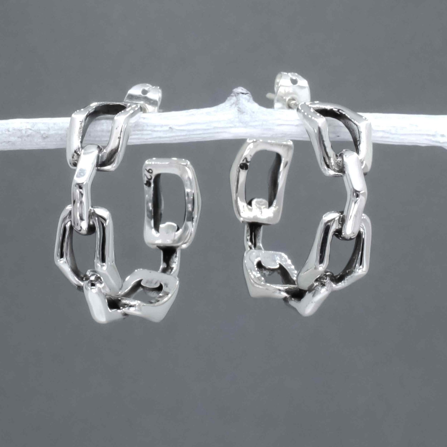 Saha Large Bridge Chain Silver Hoop Earrings