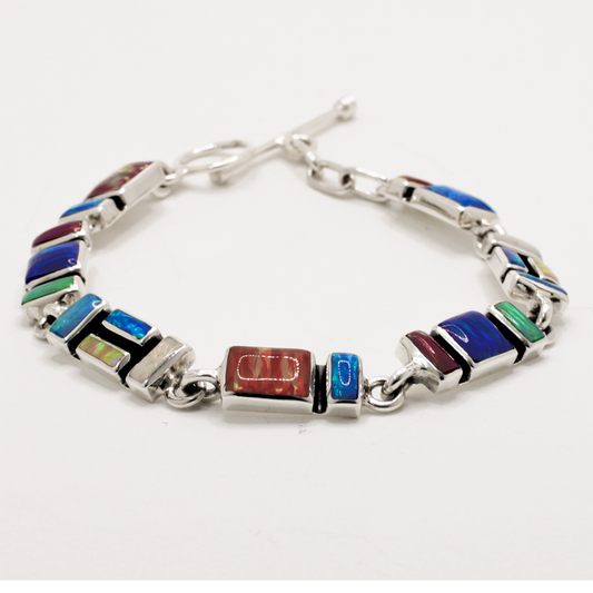 Sleveen - Multi-Coloured Mosaic Opalescence Resin Silver Bracelet