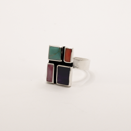 Sleveen Rectangle With Multi-Coloured Mosaic Resin Silver Adjustable Ring