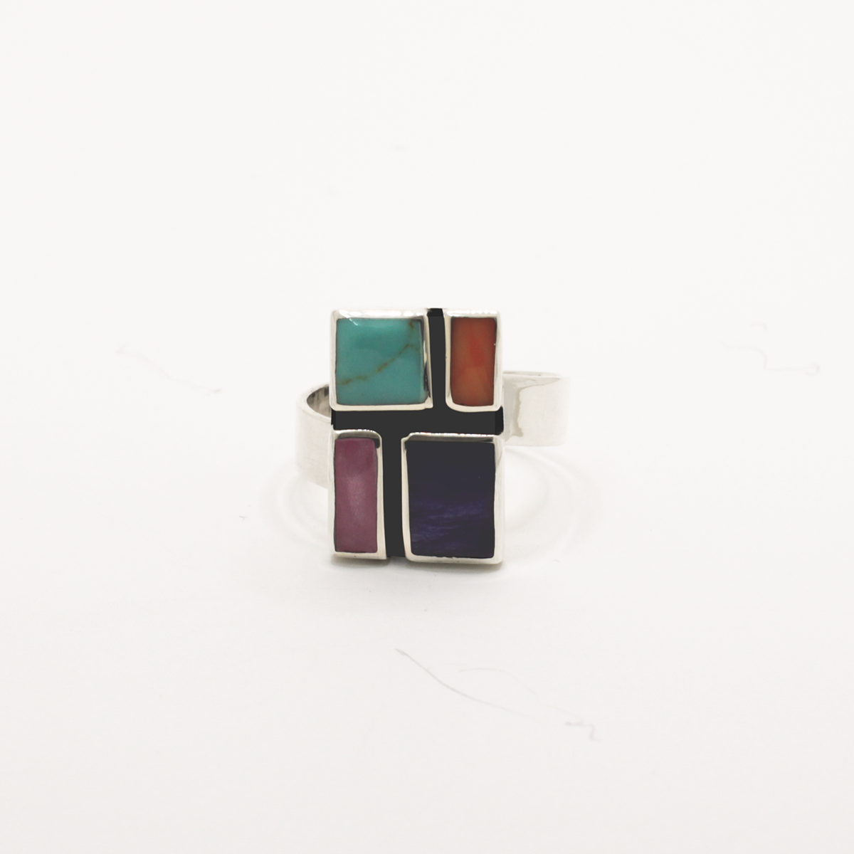 Sleveen Rectangle With Multi-Coloured Mosaic Resin Silver Adjustable Ring