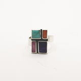 Sleveen Rectangle With Multi-Coloured Mosaic Resin Silver Adjustable Ring