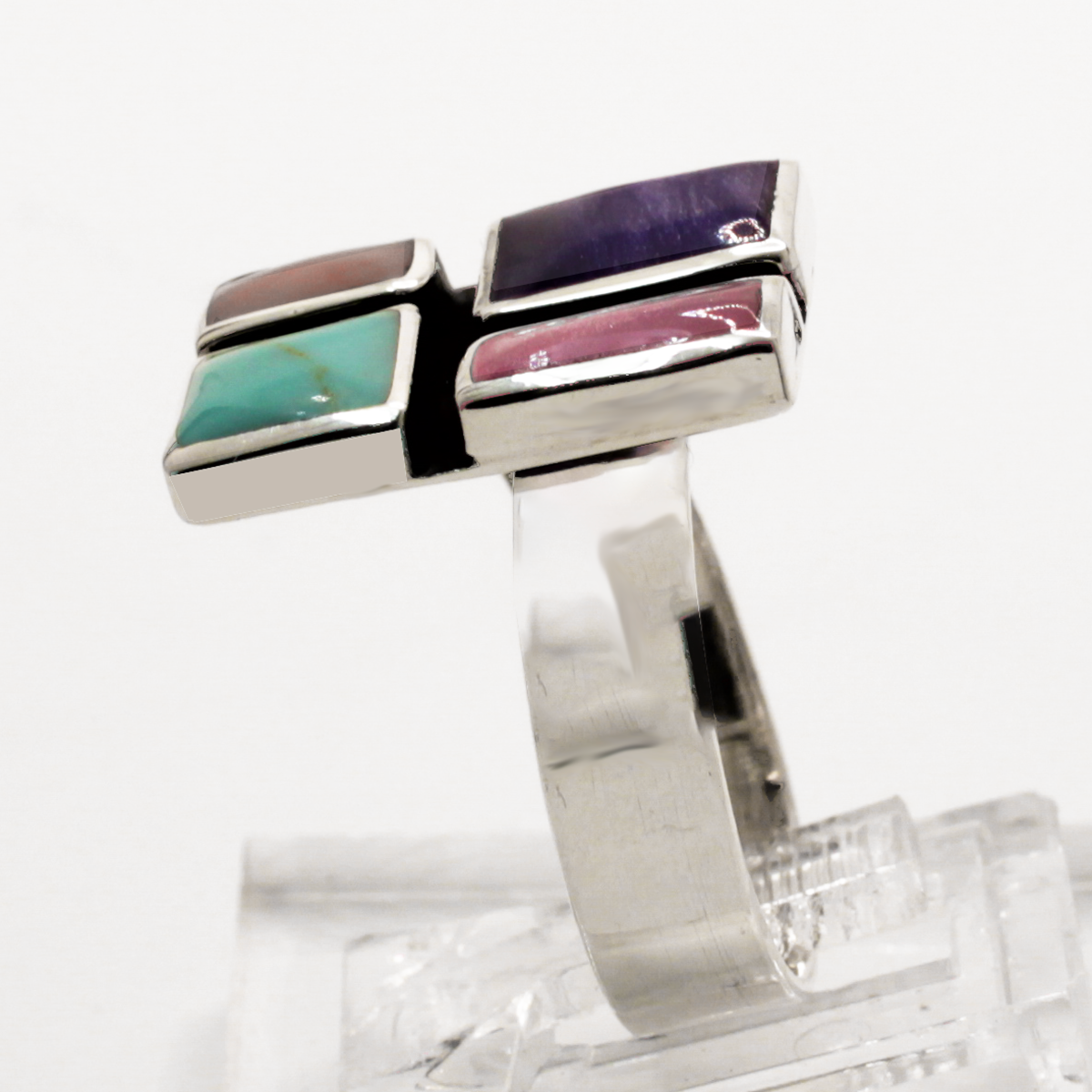 Sleveen Rectangle With Multi-Coloured Mosaic Resin Silver Adjustable Ring