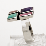 Sleveen Rectangle With Multi-Coloured Mosaic Resin Silver Adjustable Ring
