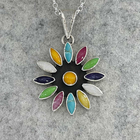 Sleveen Daisy Flower with Multi-Coloured Resin Silver Pendant