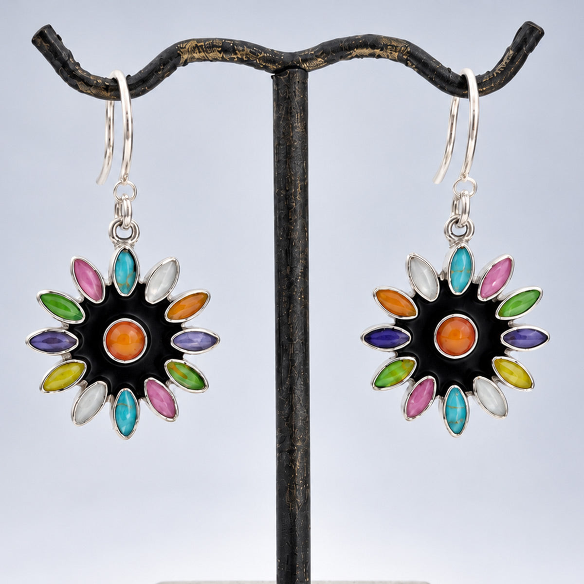 Sleveen Multi-Coloured Petals Daisy Flower Silver Dangle Earrings