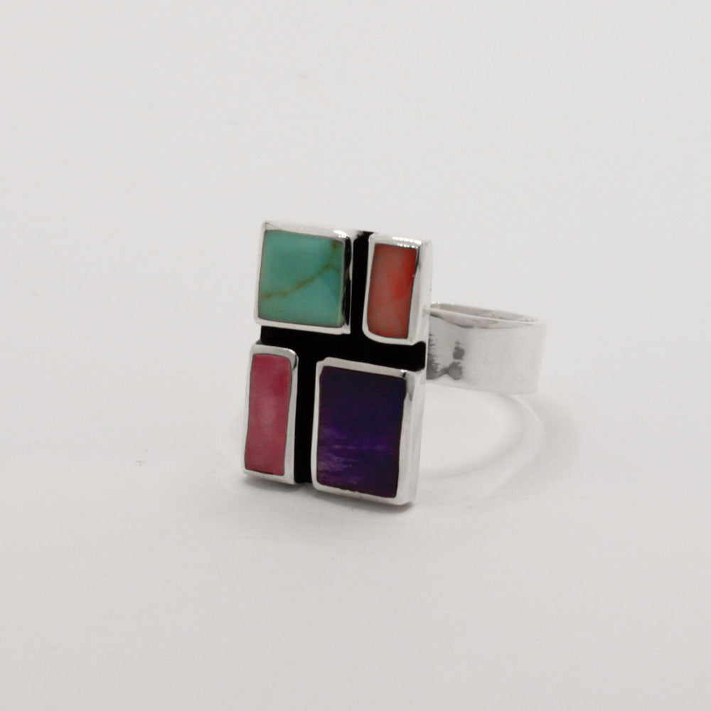 Sleveen Rectangle With Multi-Coloured Mosaic Resin Silver Adjustable Ring,Ê Shop affordable, high-quality jewellery in Kinsale, West Cork, Ireland designed by