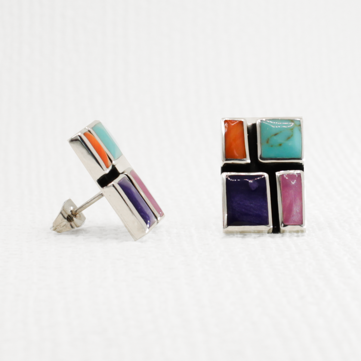 Sleveen - Rectangle With Multi-Coloured Mosaic Resin Silver Earrings - Stud