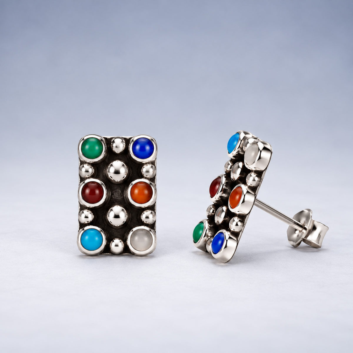 Sleveen Rectangle with Round Multi-Coloured Opalescence Resin Silver Stud Earrings