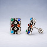 Sleveen Rectangle with Round Multi-Coloured Opalescence Resin Silver Stud Earrings