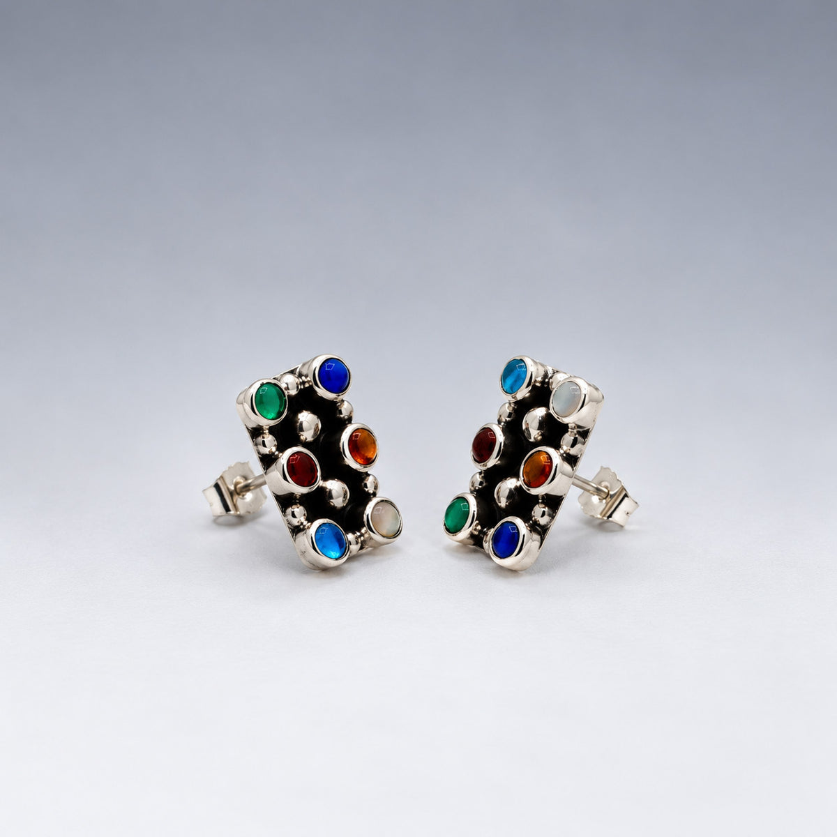 Sleveen Rectangle with Round Multi-Coloured Opalescence Resin Silver Stud Earrings