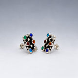 Sleveen Rectangle with Round Multi-Coloured Opalescence Resin Silver Stud Earrings