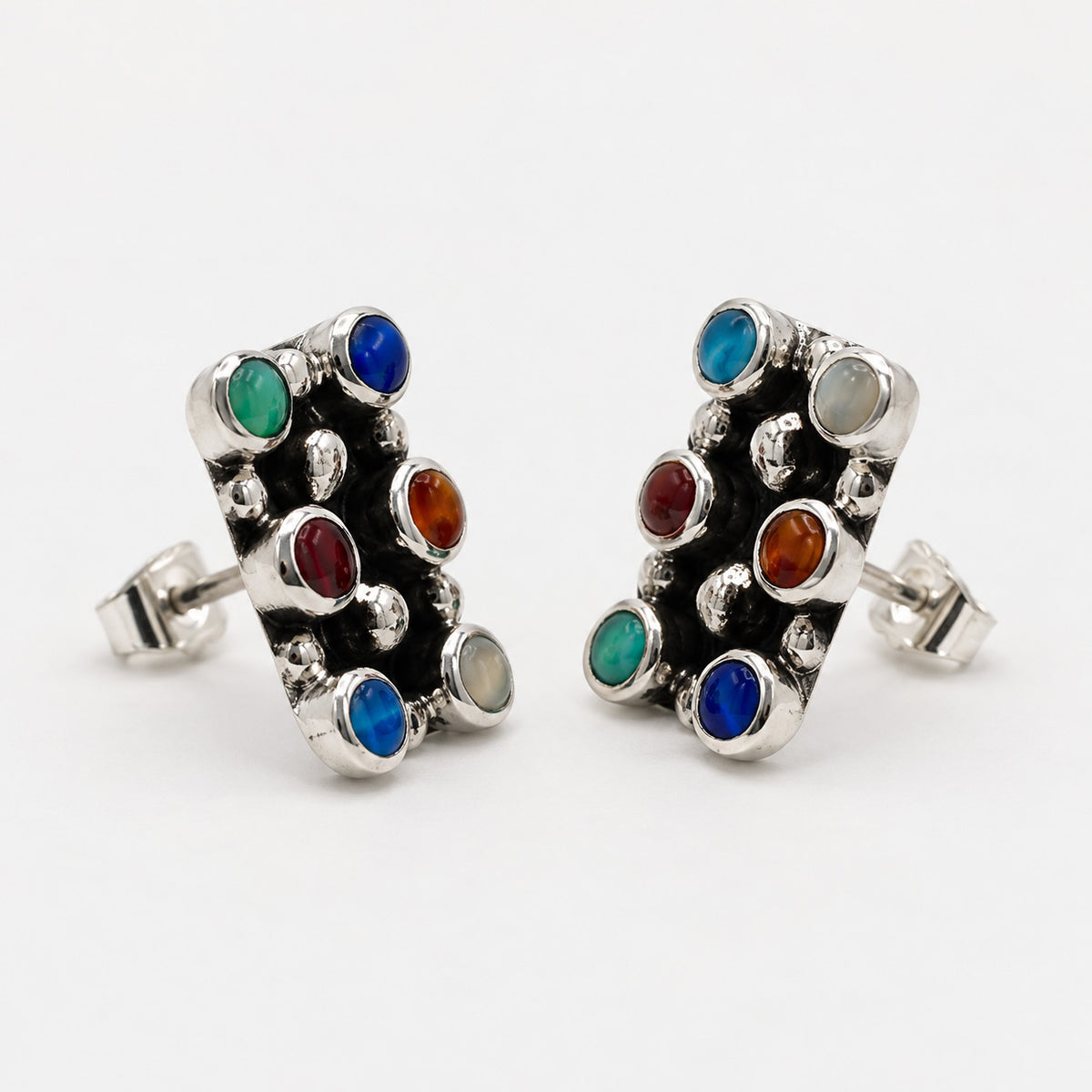 Sleveen Rectangle with Round Multi-Coloured Opalescence Resin Silver Stud Earrings