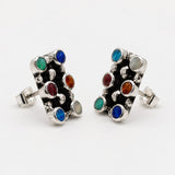 Sleveen Rectangle with Round Multi-Coloured Opalescence Resin Silver Stud Earrings