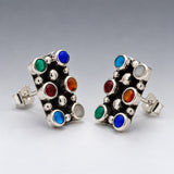 Sleveen Rectangle with Round Multi-Coloured Opalescence Resin Silver Stud Earrings