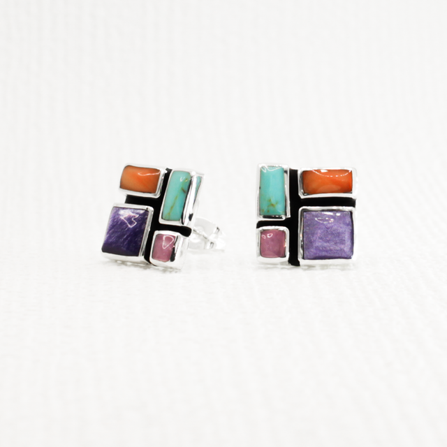 Sleveen - Square With Multi-Coloured Mosaic Resin Silver Earrings - Stud Curated and designed by Emilio Sotelo Jewelry for Croi Kinsale Jewellery in Kinsale West Cork Ireland Europe. Find exceptional handmade silver and gold jewellery at affordable prices for birthday gifts and Christmas presents. Handcrafted Silver jewelry. Find the best affordable jewellery