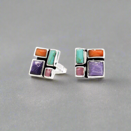 Sleveen - Square With Multi-Coloured Mosaic Resin Silver Earrings - Stud