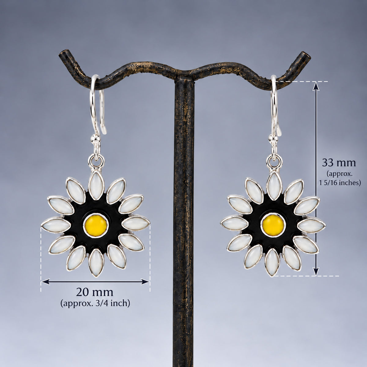 Sleveen White Petals with Yellow Centre Daisy Flower Silver Dangle Earrings