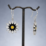 Sleveen White Petals with Yellow Centre Daisy Flower Silver Dangle Earrings