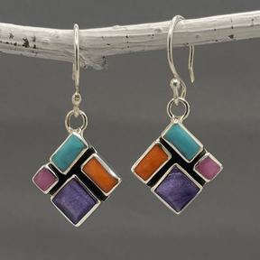 Sleveen - Rhombus With Multi-Coloured Mosaic Resin Silver Earrings - Dangle