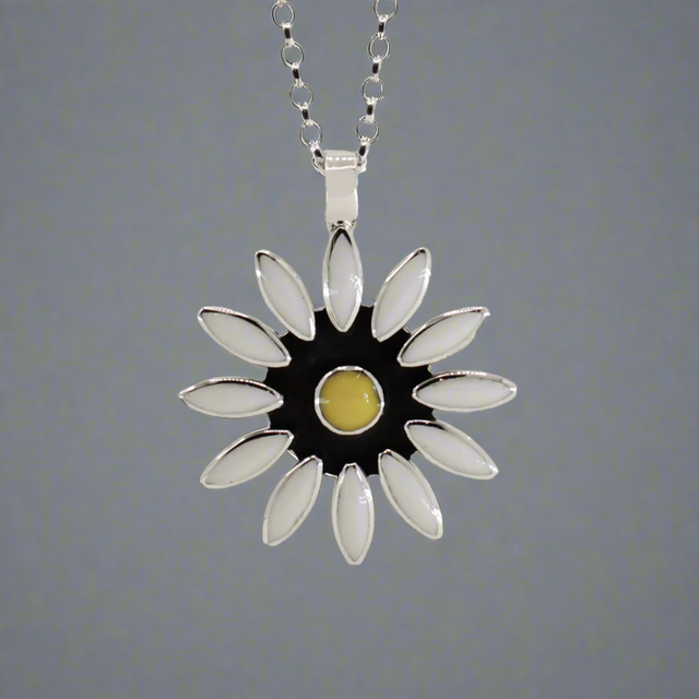 Sleveen - Daisy Flower With White Resin Silver Pendant Kinsale Ireland