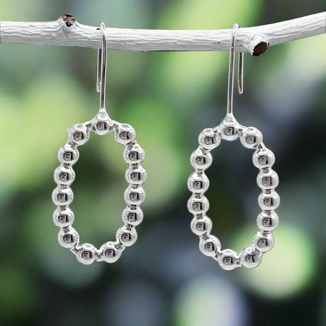 Tara - Beaded Oblong Silver Earrings - Dangle