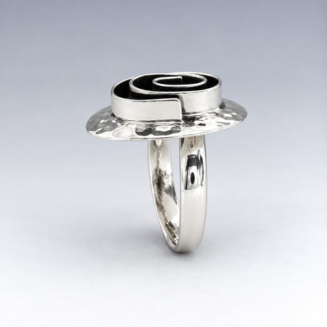 Tara Oxidised Spiral on Hammered Oval Silver Ring