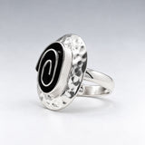 Tara Oxidised Spiral on Hammered Oval Silver Ring