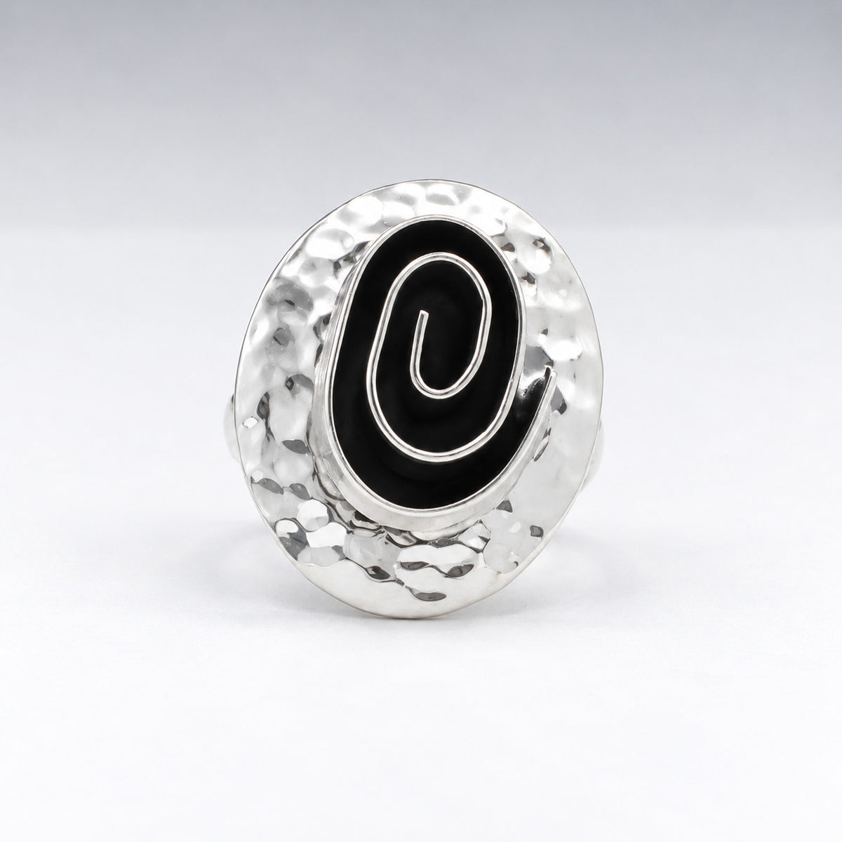 Tara Oxidised Spiral on Hammered Oval Silver Ring
