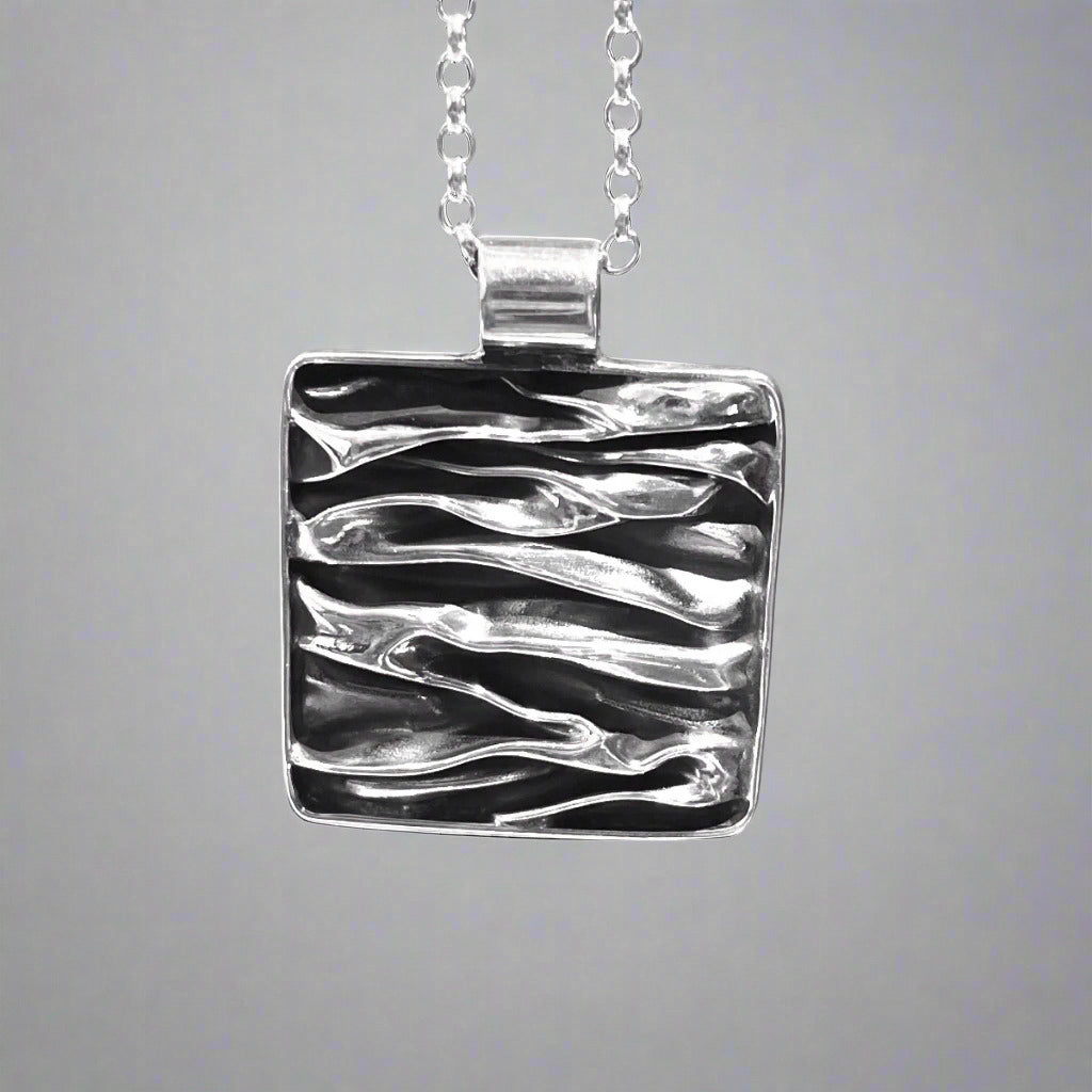 Uisce Corrugated Oxidised Square Silver Pendant