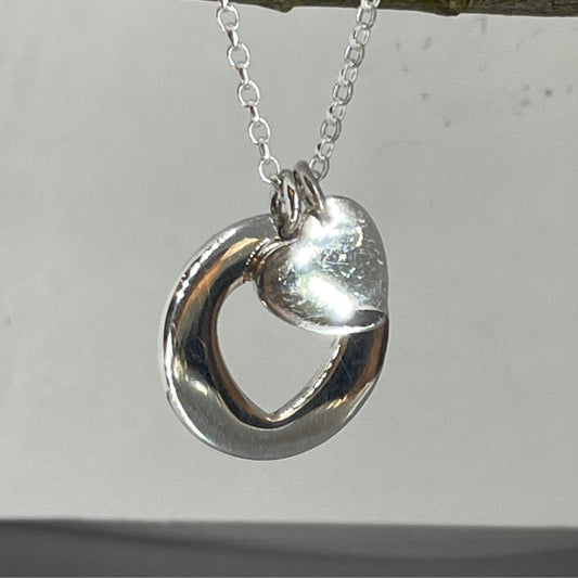 Croi - Modern Heart Disc with Heart Charm Silver Pendant