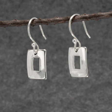 Artemis - Small Off-Center Rectangle Silver Earrings - Dangle Curated and designed by Emilio Sotelo Jewelry for Croi Kinsale Jewellery in Kinsale West Cork Ireland Europe. Find exceptional handmade silver and gold jewellery at affordable prices for birthday gifts and Christmas presents. Handcrafted Silver jewelry. Find the best affordable jewellery