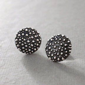 Firmament - Disc Oxidised Silver Earrings - Stud Curated and designed by Emilio Sotelo Jewelry for Croi Kinsale Jewellery in Kinsale West Cork Ireland Europe. Find exceptional handmade silver and gold jewellery at affordable prices for birthday gifts and Christmas presents. Handcrafted Silver jewelry. Find the best affordable jewellery