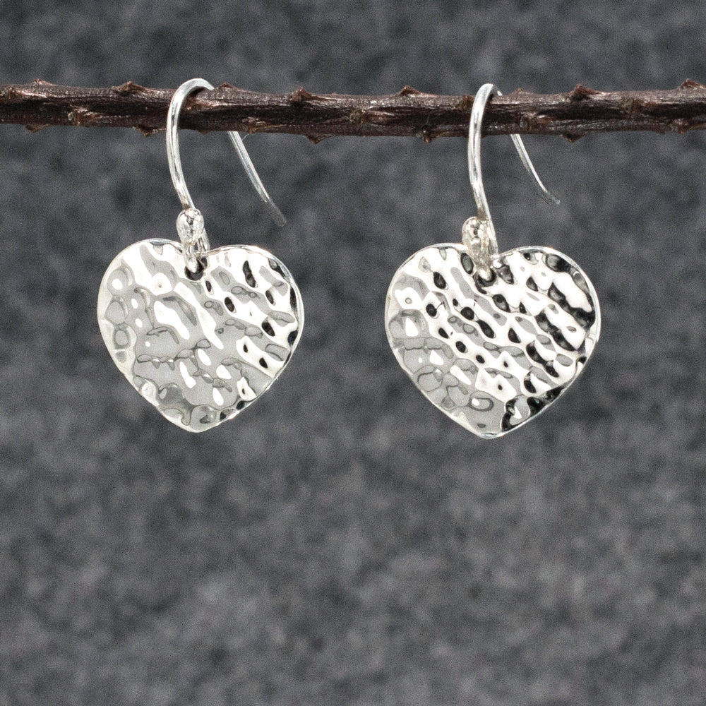 Croí Miller Heart Hammered Silver Dangle Earrings,Ê Shop affordable, high-quality jewellery in Kinsale, West Cork, Ireland designed by Emilio Sotelo Jewelry