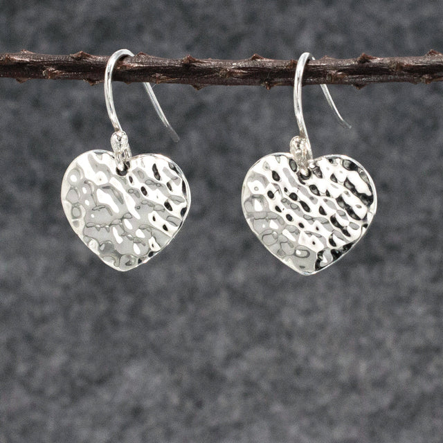 Croí Miller Heart Hammered Silver Dangle Earrings,Ê Shop affordable, high-quality jewellery in Kinsale, West Cork, Ireland designed by Emilio Sotelo Jewelry