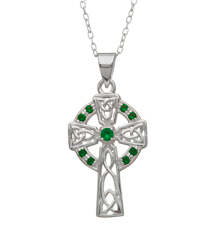 Celtic - Cross with Green CZ Silver Pendant - Celtic Woods Jewellery