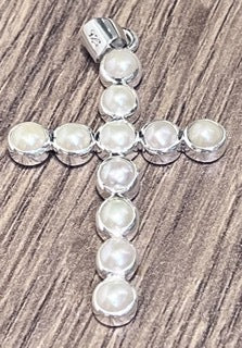 Prisca - Cross With White Mounted Pearls Silver Pendant